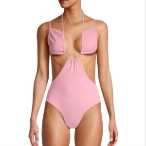 WeWoreWhat Cut Out One Piece Swimsuit Baby Pink Halter Runched Cup Tie